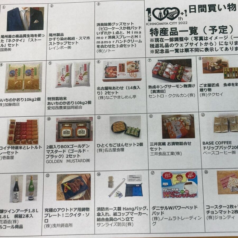 2万円以上の買物で、抽選で地元特産品を贈呈します。一宮市